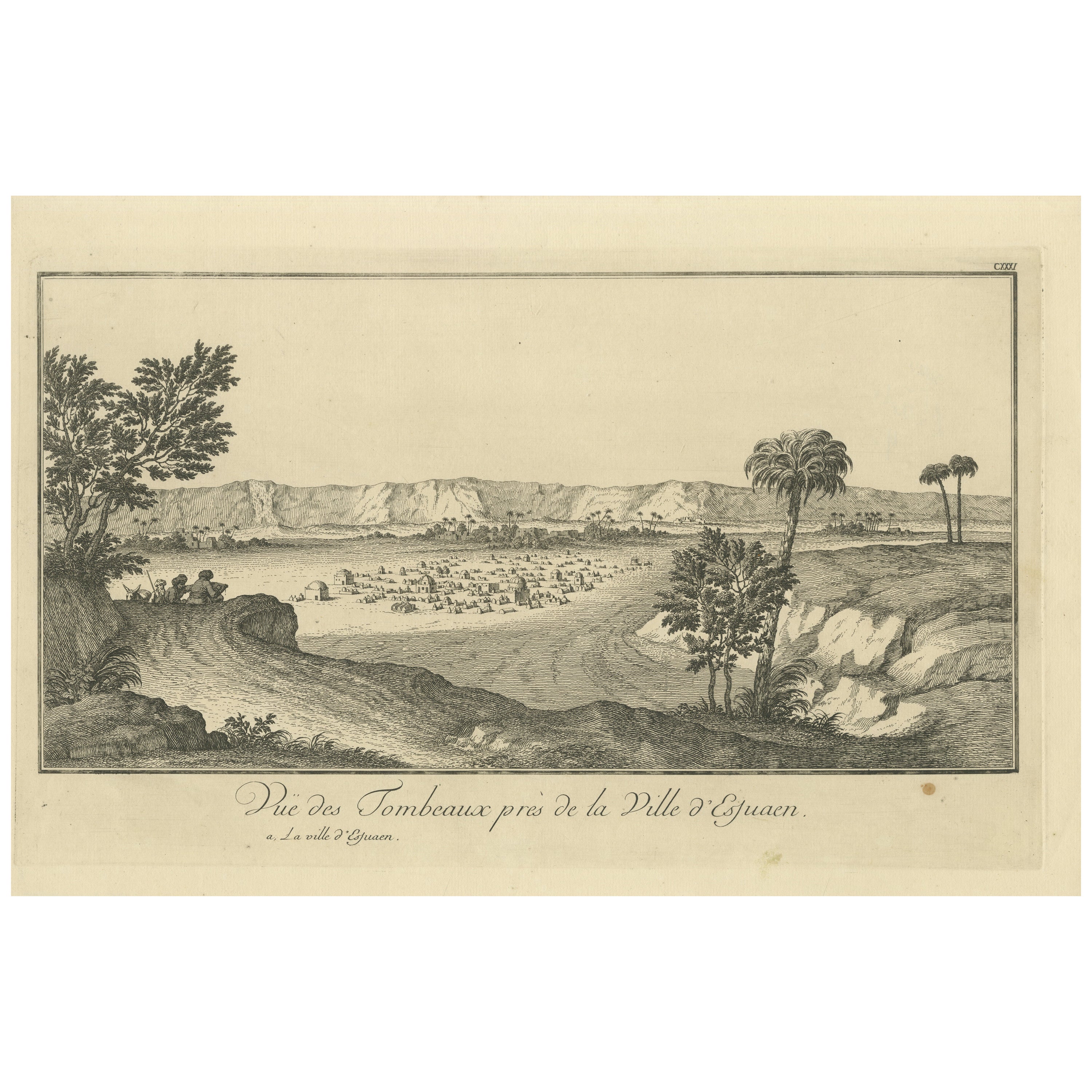 Tombs near Esna, Egypt – Nile Landscape by Norden, Copper Engraving 1755