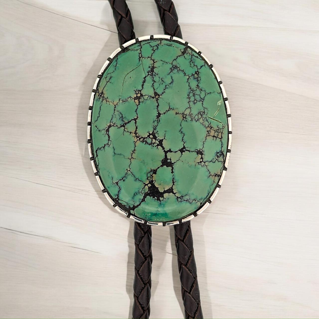 Art Deco Tombstone Bolo  Handmade Bolo Tie by Rob Sherman with Green Kingman Turquoise