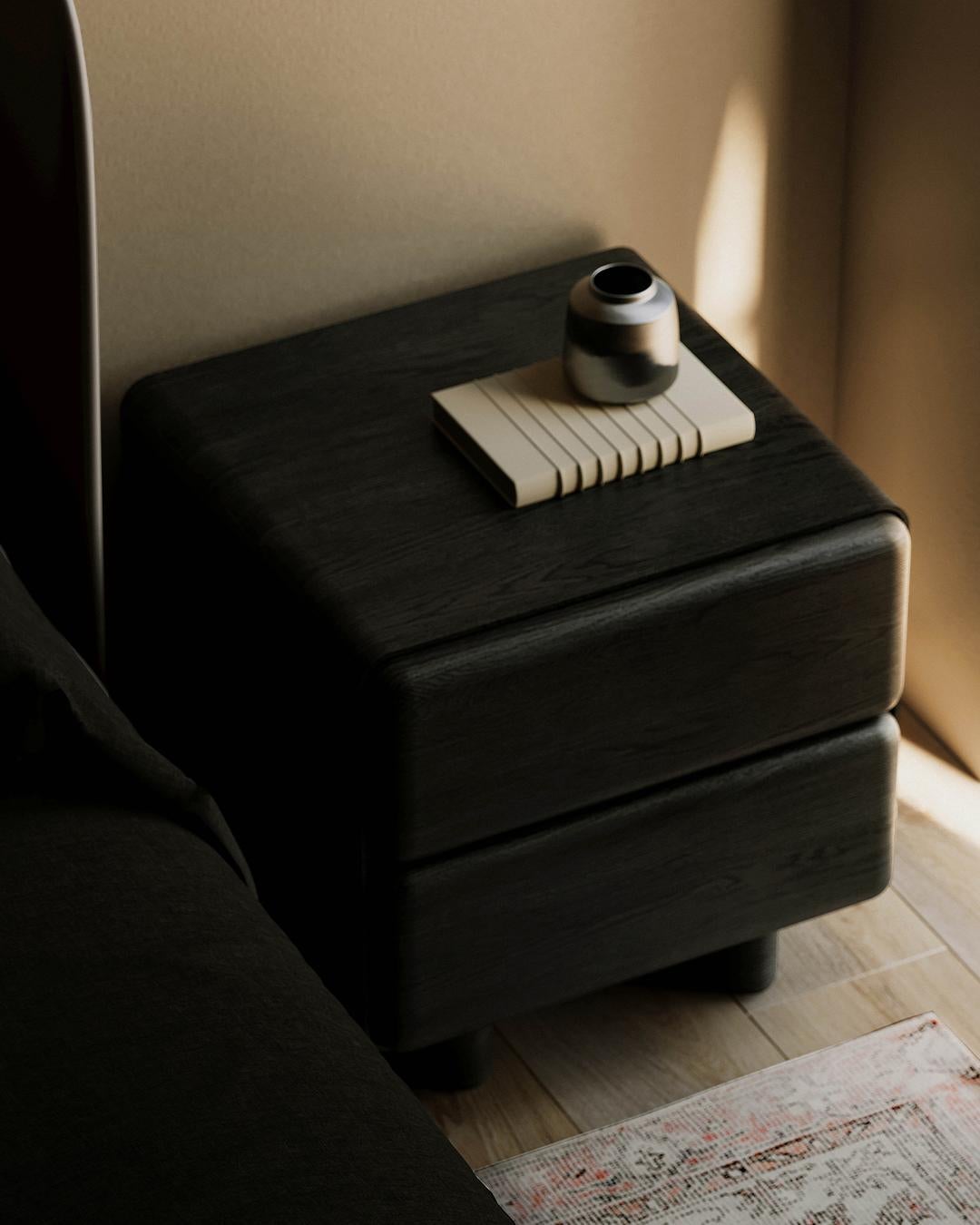 Moderne Table de nuit Tombul à 2 tiroirs avec mécanisme d'ouverture push-to-Open, chêne fumé en vente