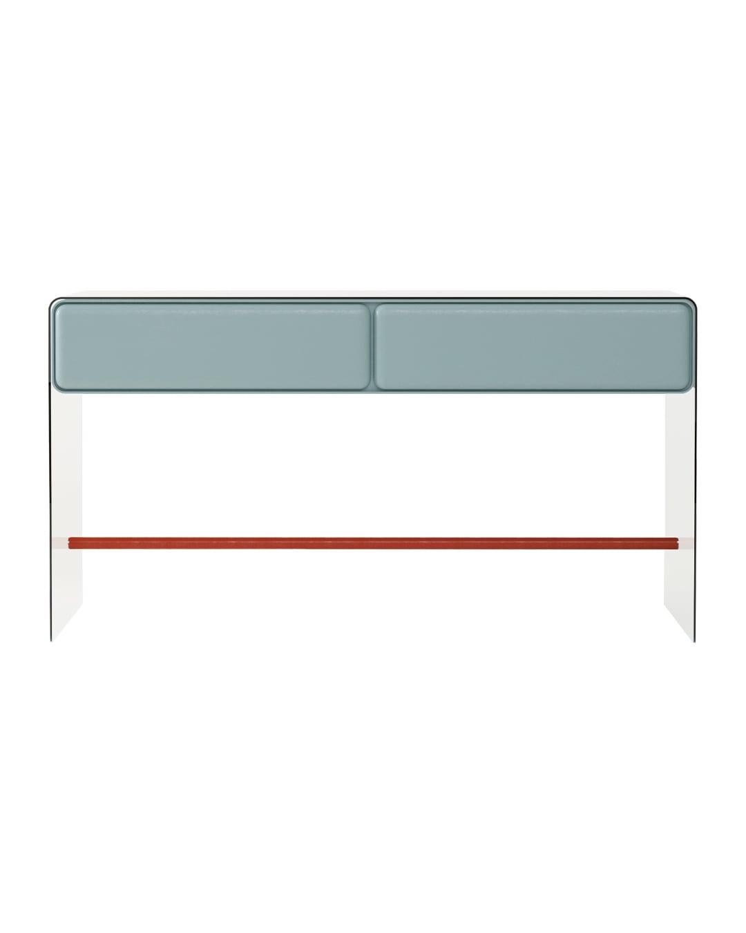 Modern Tombul Desk, Glass Frame and Wood Drawers, Push-to-Open, Light Blue For Sale