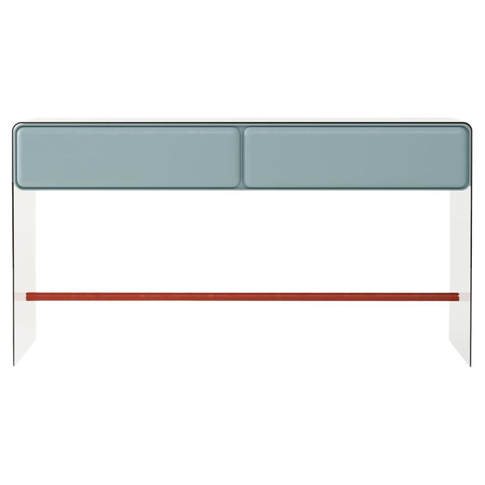 Tombul Desk, Glass Frame and Wood Drawers, Push-to-Open, Light Blue For Sale