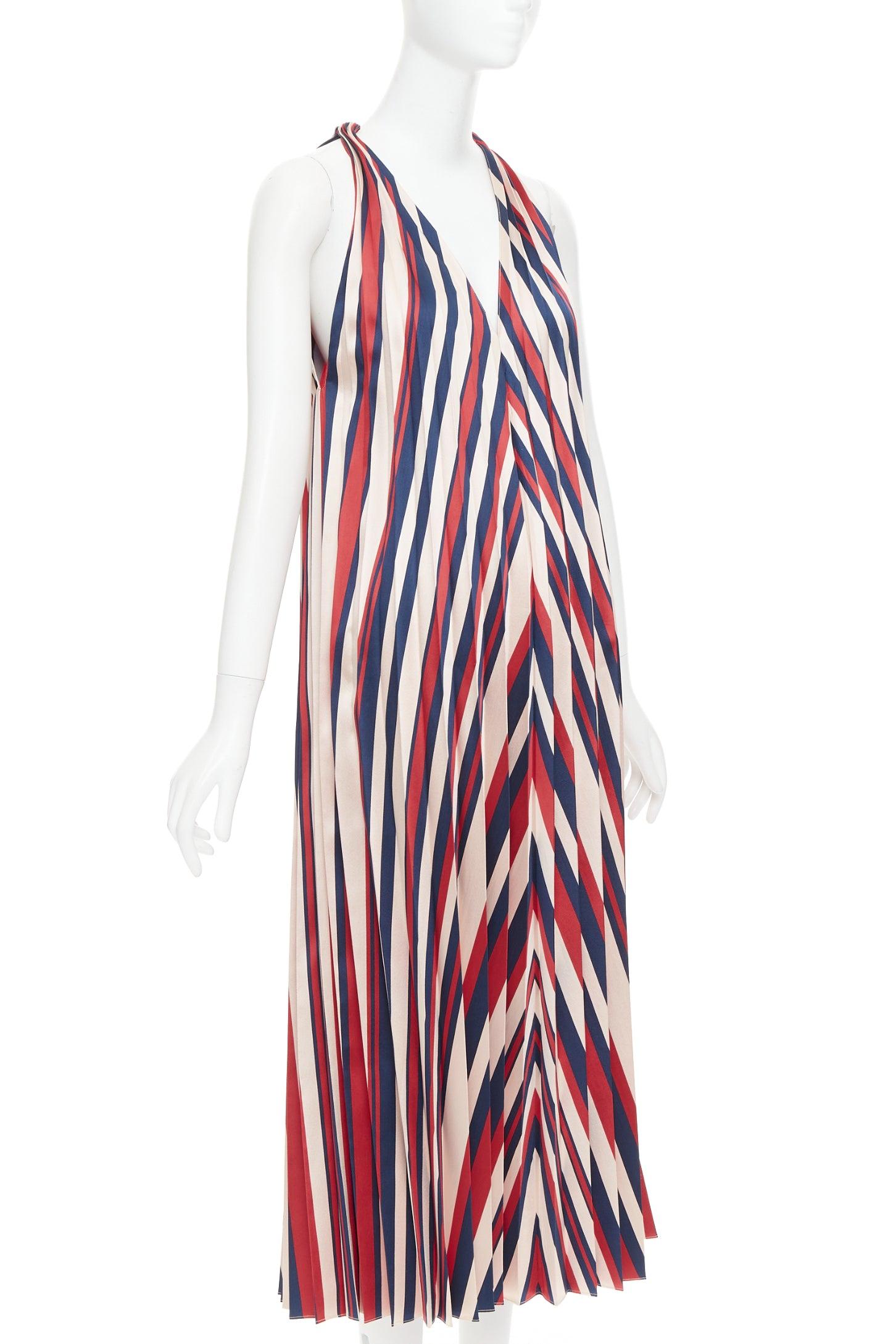 Gray TOME beige red navy chevron print pleated V neck black trim midi dress S For Sale