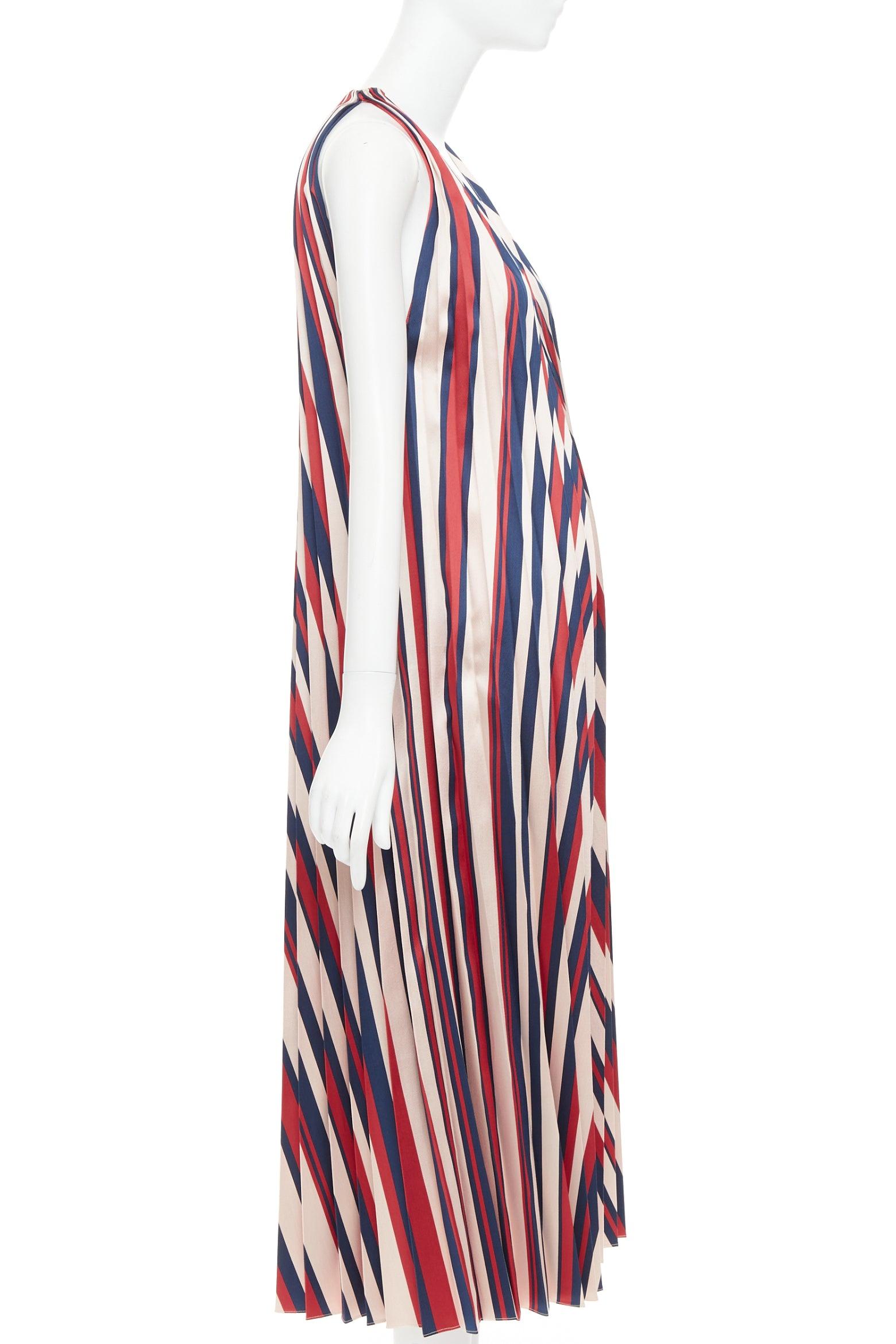 TOME beige red navy chevron print pleated V neck black trim midi dress S In Excellent Condition For Sale In Hong Kong, NT
