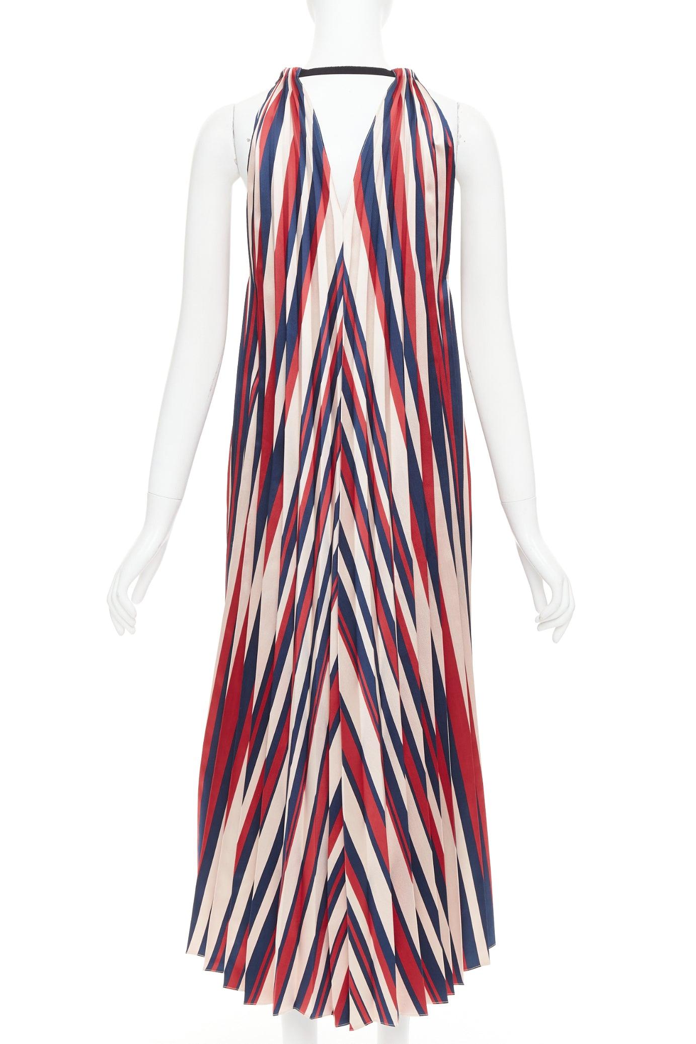 Women's TOME beige red navy chevron print pleated V neck black trim midi dress S For Sale