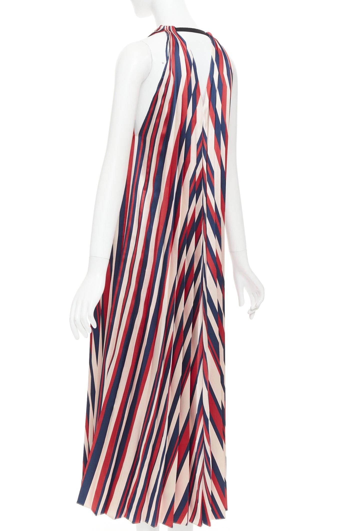 TOME beige red navy chevron print pleated V neck black trim midi dress S For Sale 1