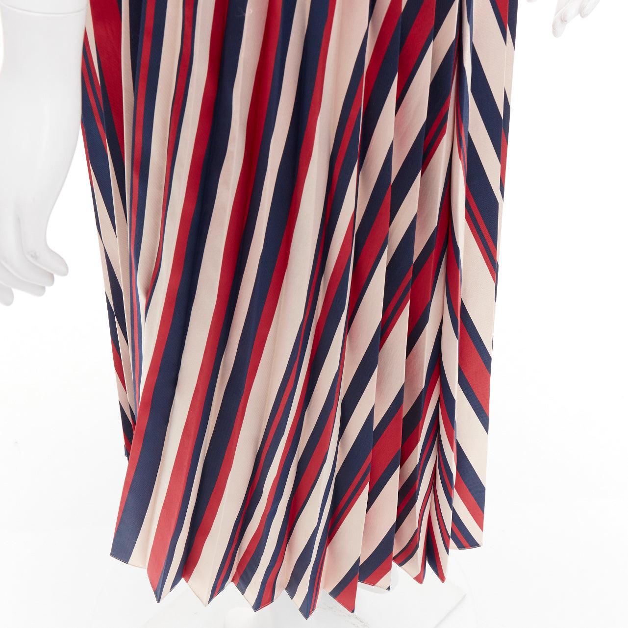 TOME beige red navy chevron print pleated V neck black trim midi dress S For Sale 2