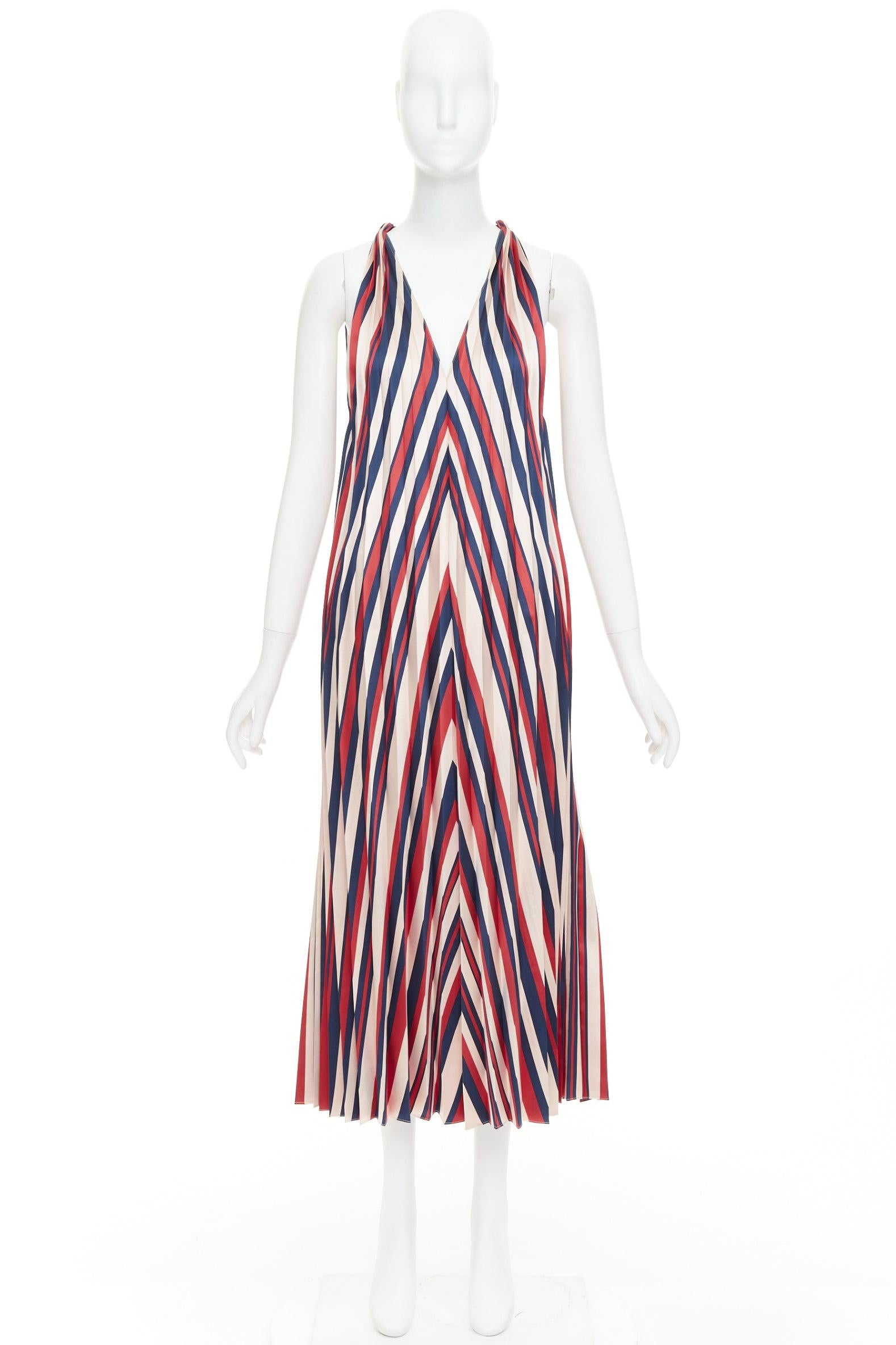 TOME beige red navy chevron print pleated V neck black trim midi dress S For Sale 4