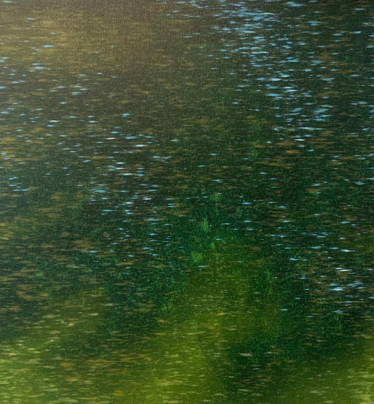 Pintura contemporánea en acrílico sobre lienzo del artista polaco Tomek Mistak. La pintura representa el reflejo del paisaje en la superficie del agua. La pintura es casi una abstracción. Los colores principales son el azul y el verde. La obra de