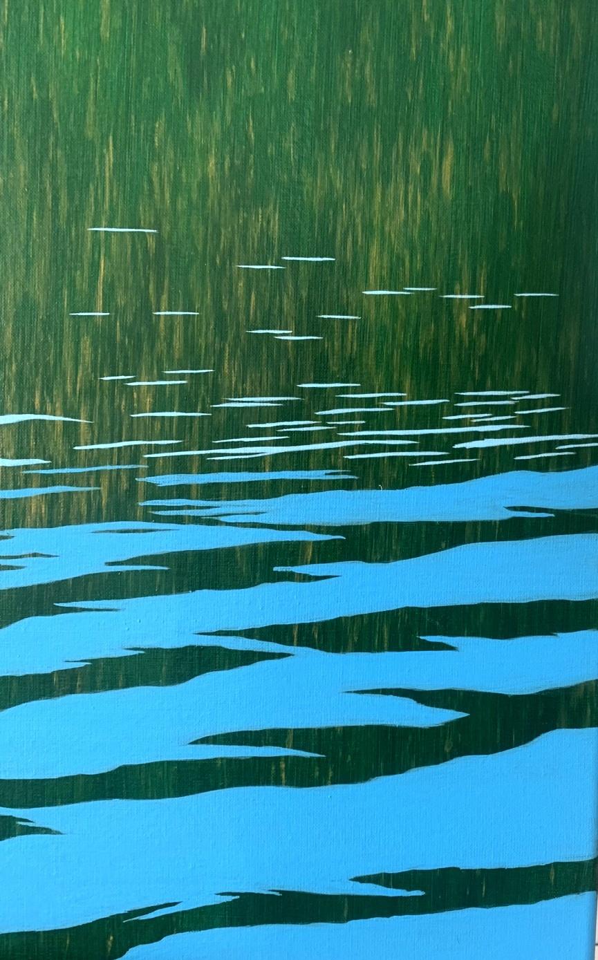 Contemporary acrylic on canvas painting by Polish artist Tomek Mistak. Painting depicts landscape reflection on the water surface. Painting is almost an abstraction. Main colors are blue and green.

TOMEK MISTAK (born 1978) 
In 2005 he obtained a