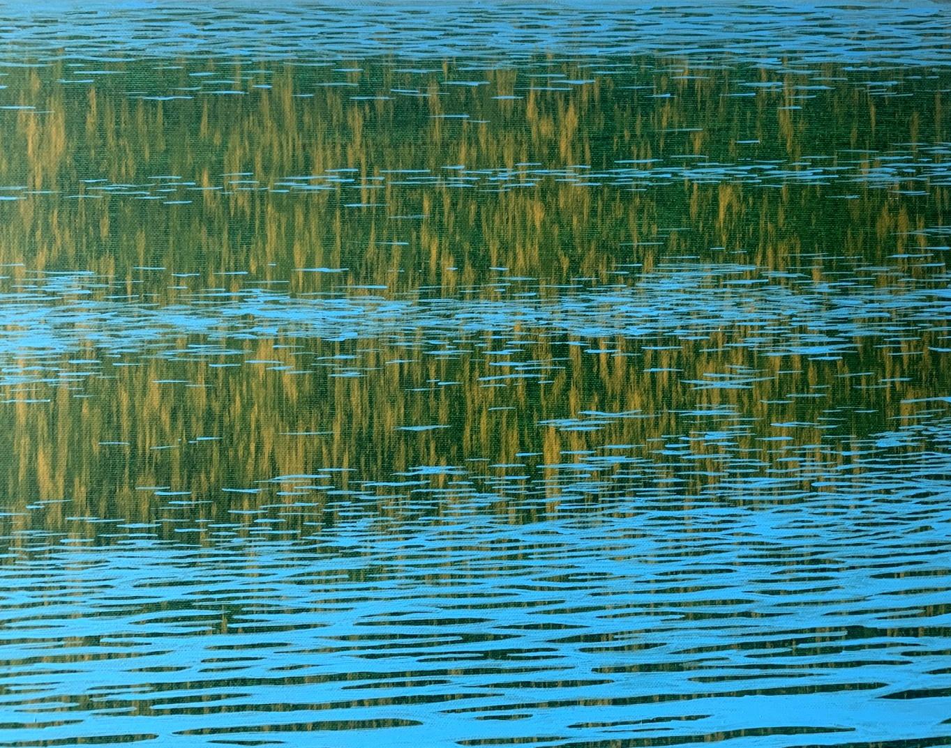Contemporary acrylic on canvas painting by Polish artist Tomek Mistak. Painting depicts landscape reflection on the water surface. Painting is almost an abstraction. Main colors are blue and green.

TOMEK MISTAK (born 1978) 
In 2005 he obtained a