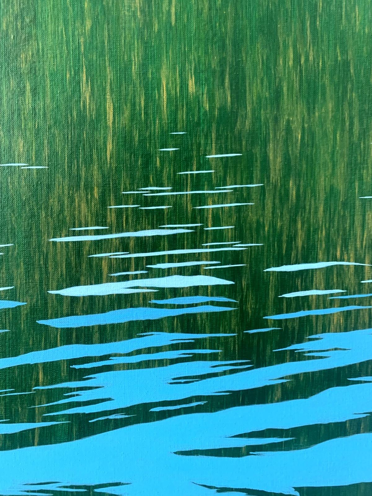 Zeitgenössisches Gemälde in Acryl auf Leinwand des polnischen Künstlers Tomek Mistak. Das Gemälde stellt die Spiegelung der Landschaft auf der Wasseroberfläche dar. Die Malerei ist fast eine Abstraktion. Die Hauptfarben sind blau und grün.

TOMEK