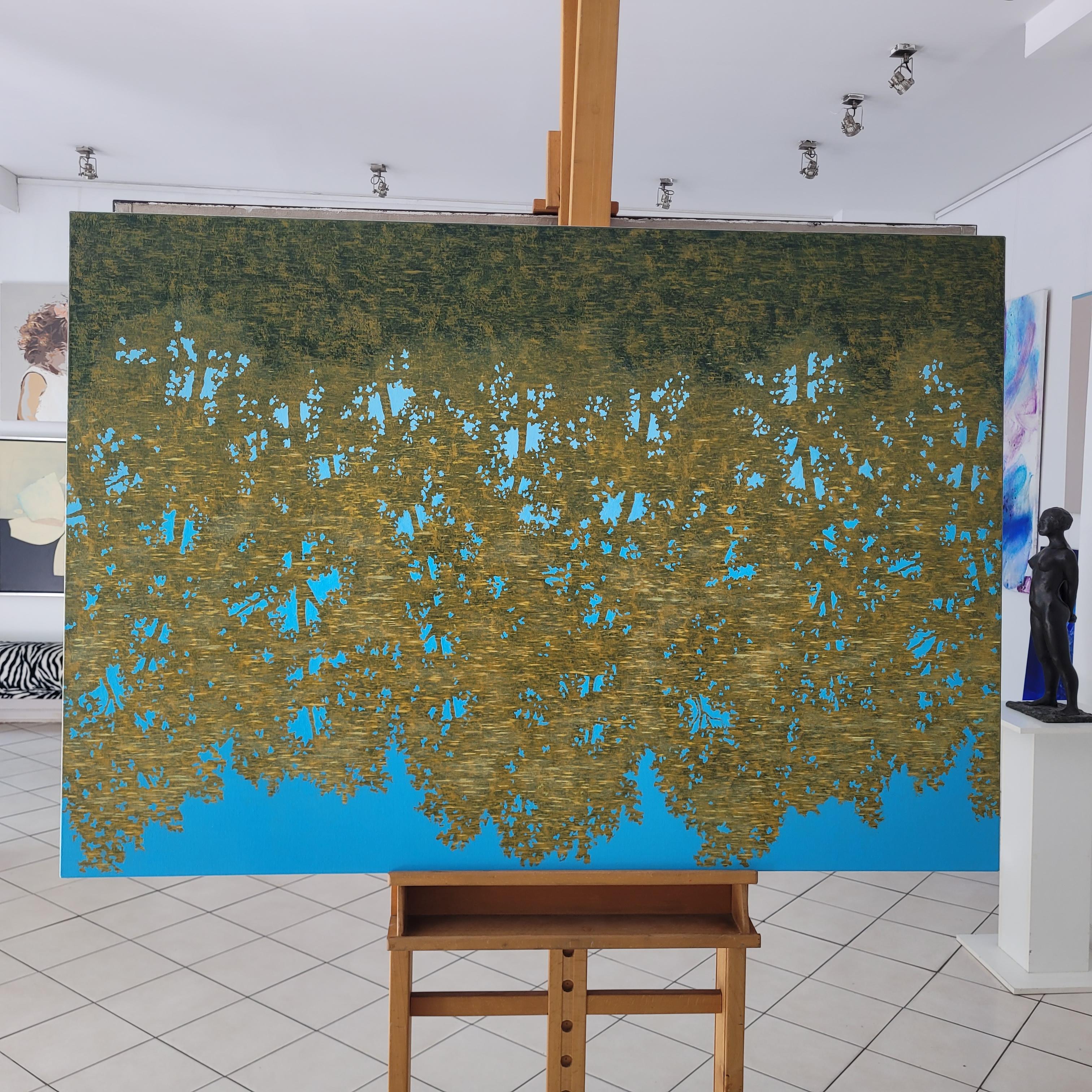 Quadro contemporaneo in acrilico su tela dell'artista polacco Tomek Mistak. Il dipinto raffigura il riflesso del paesaggio sulla superficie dell'acqua. La pittura è quasi un'astrazione. I colori principali sono il blu e il verde. L'opera d'arte fa
