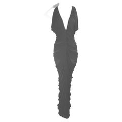 TomFord 2001 1stYearYSL PlungingV CutOut Drapiertes Kleid Transparente Seide Schwarzes Maxikleid