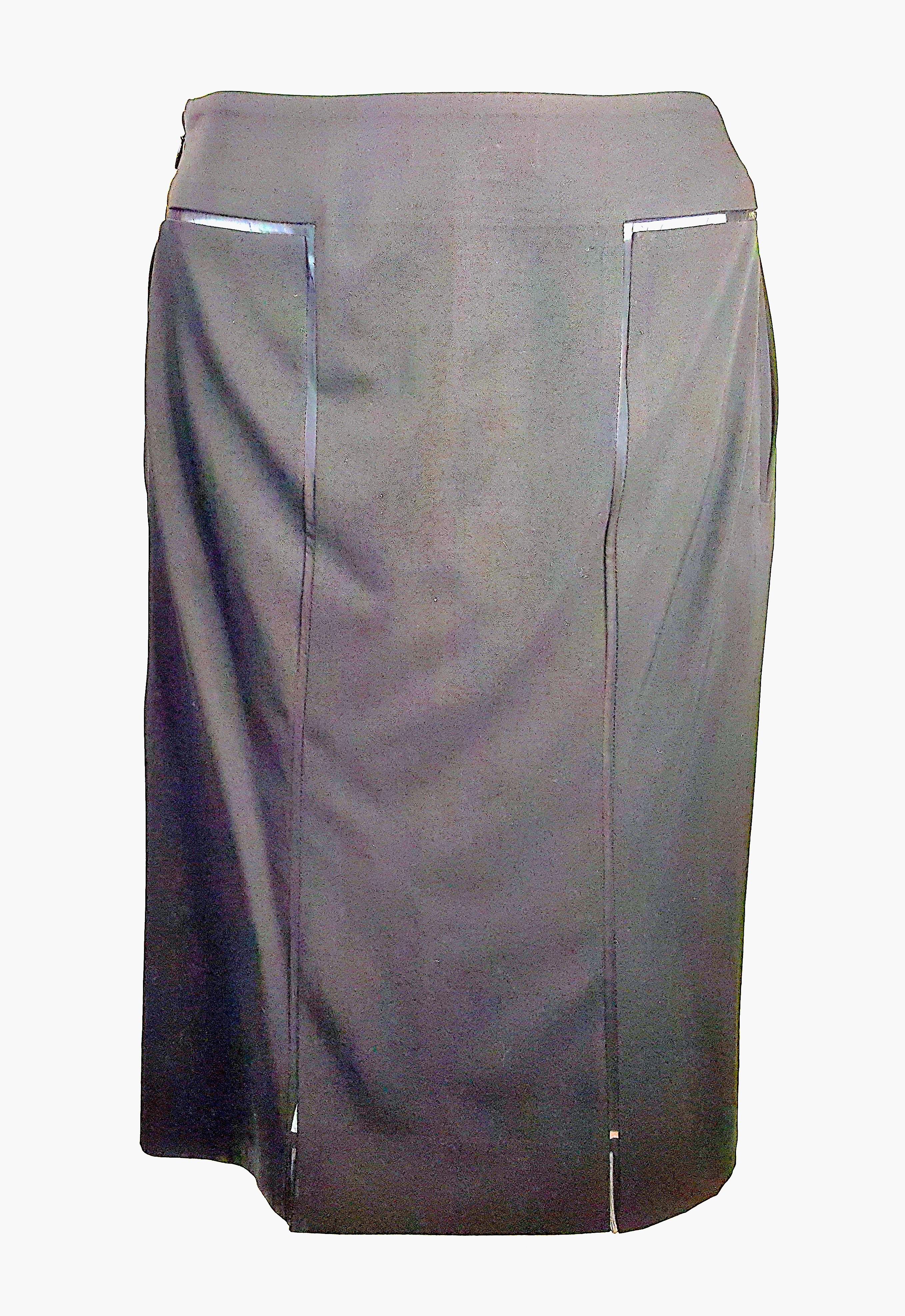 TomFord 2001 1stYSLShow TuxedoStyle SheerSeams LeatherStripes Black SkirtSuit For Sale 4