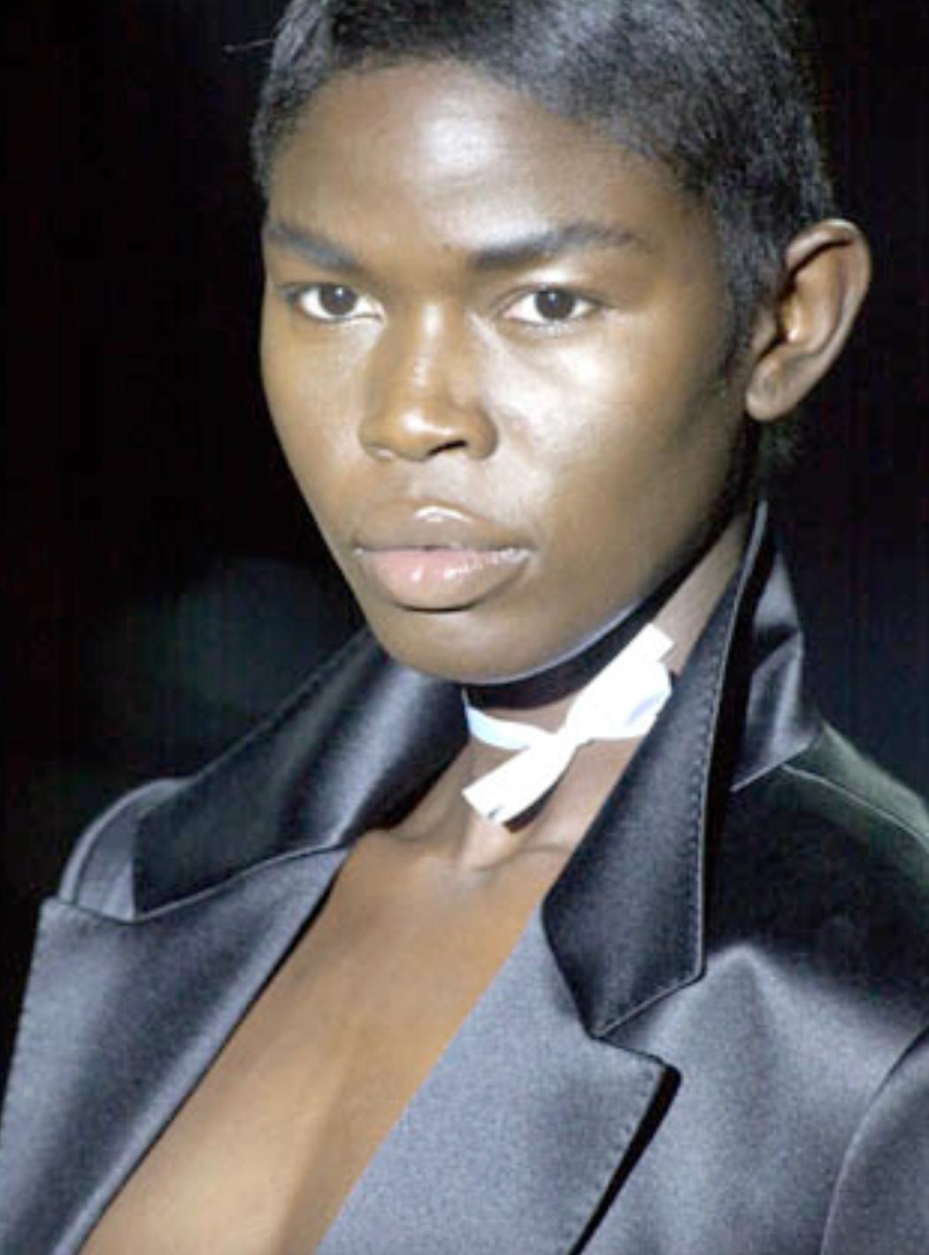 TomFord 2001 1stYSLShow TuxedoStyle SheerSeams LeatherStripes Black SkirtSuit For Sale 8