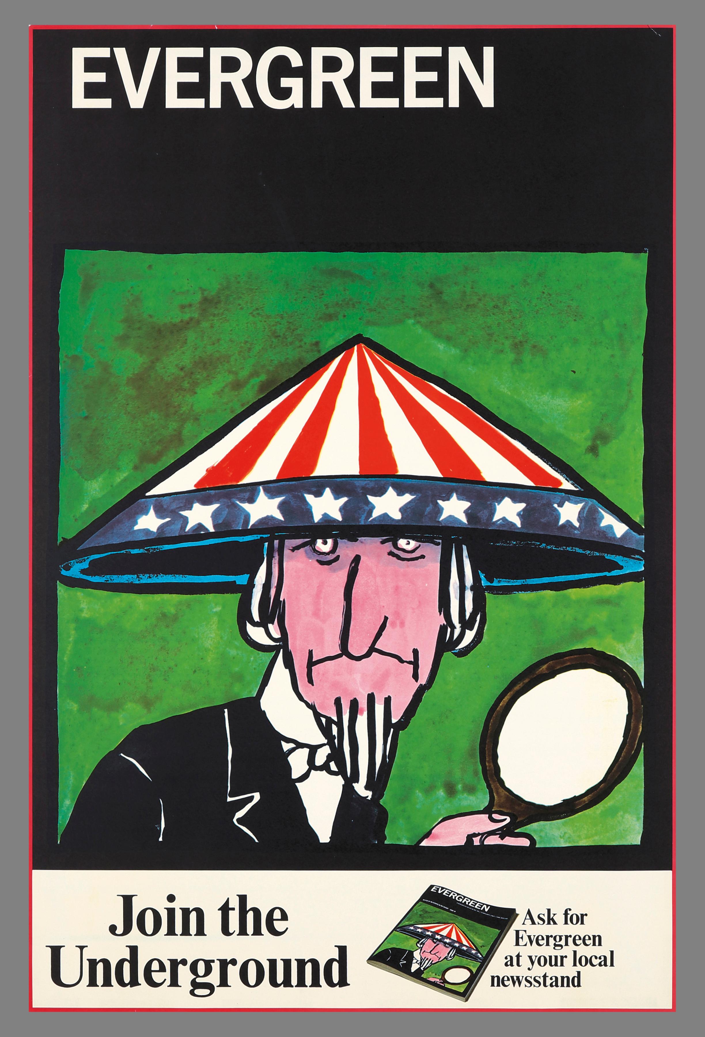 Vintage original Tomi Ungerer, Vietnam protest poster, Evergreen Review, 1967

Grove Press publisher Barney Rosset began Evergreen review in 1957 as a literary quarterly featuring the likes of Sartre, Camus and Beckett as well as American poets