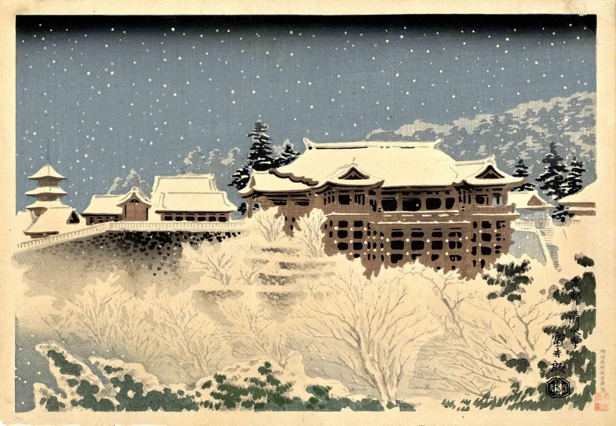 Kyomizu Temple in Kyoto - Woodcut by Tomikichiro Tokuriki - 1950s