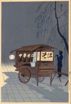 Soba Noodle Vendor Cart at Night - Japanese Woodblock in Ink on Paper