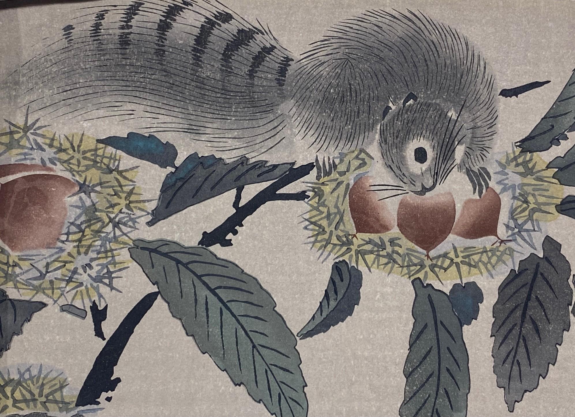 Tomikichiro Tokuriki Signed Japanese Woodblock Print a Squirrel and Chestnuts In Good Condition In Studio City, CA