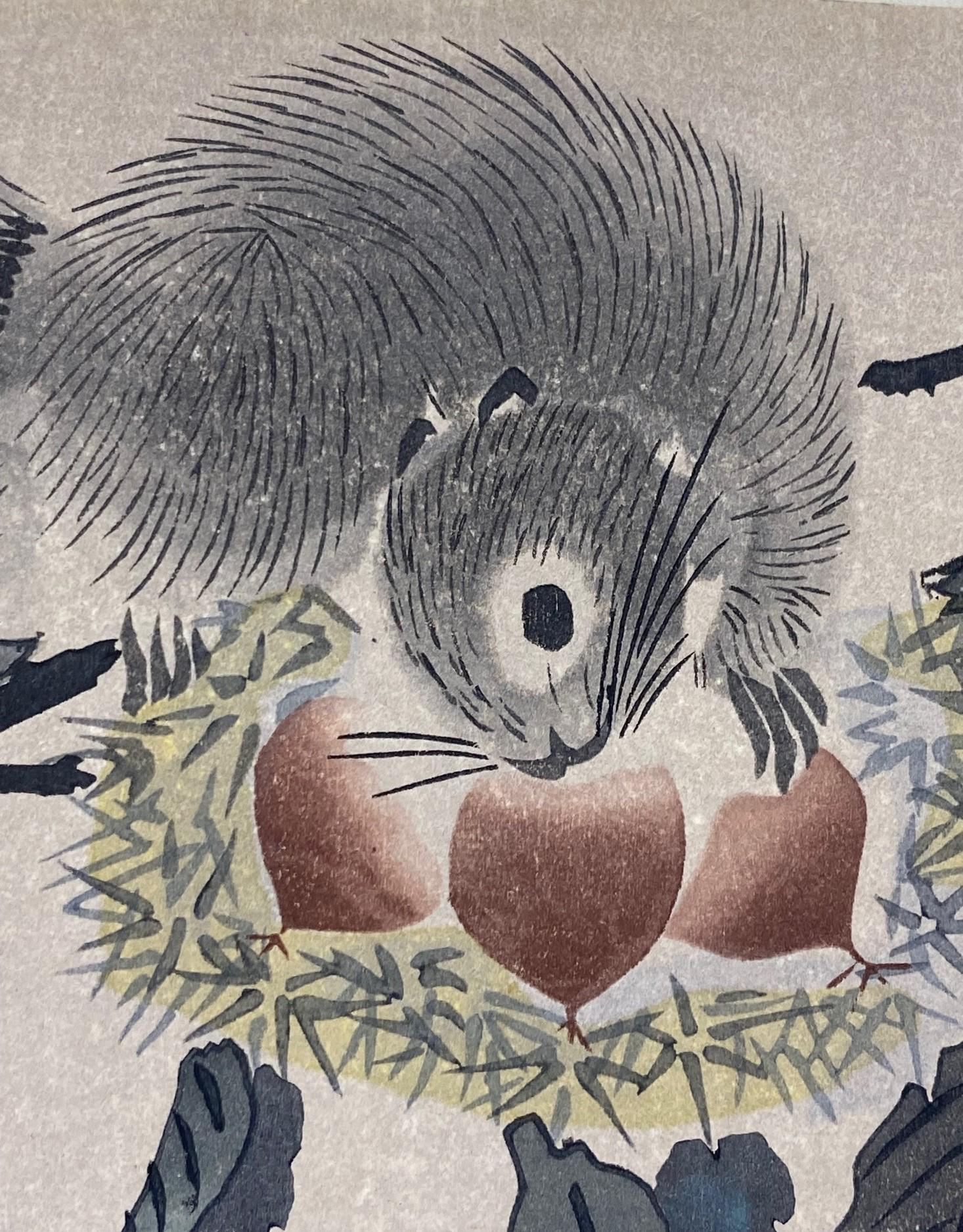 Mid-20th Century Tomikichiro Tokuriki Signed Japanese Woodblock Print a Squirrel and Chestnuts