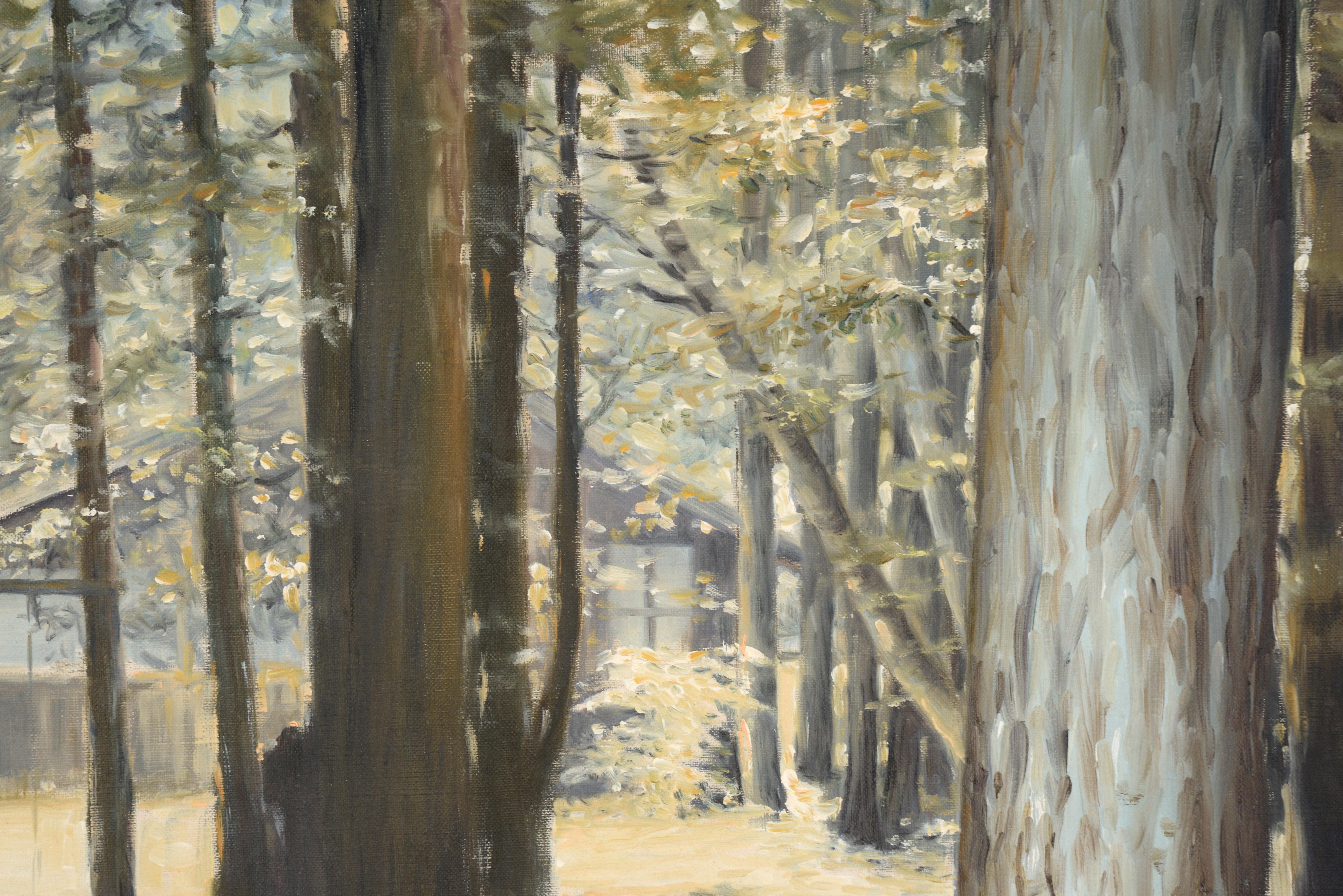 Cabin im Wald, Landschaft mit Bäumen (Impressionismus), Painting, von Tomio Teraura