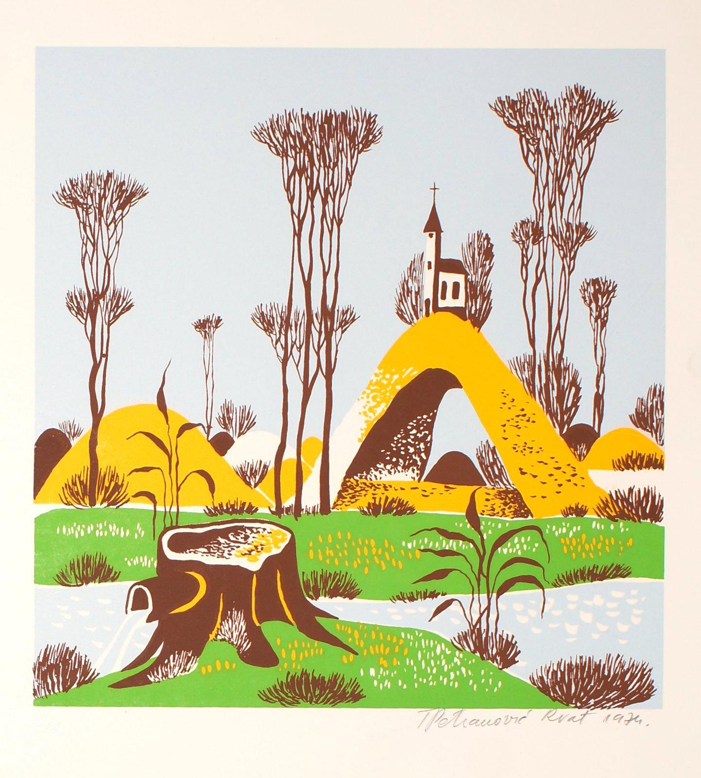 Landschaftslandschaft – Original Siebdruck von T.P. Rvat - 1974