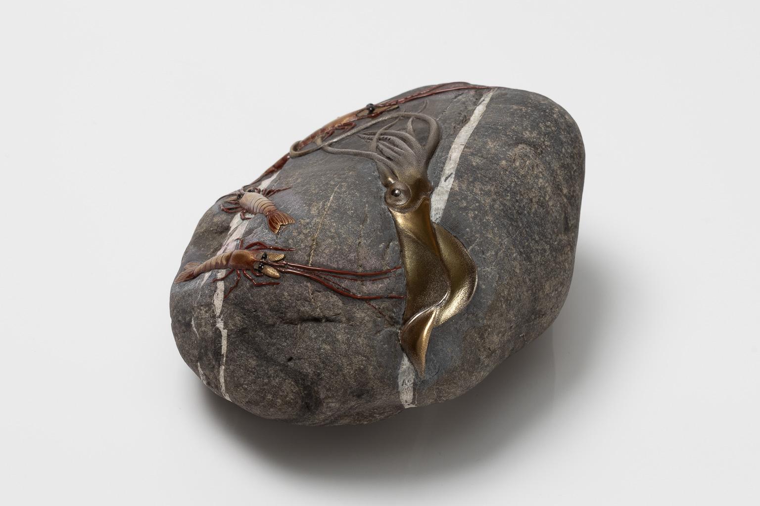Lacquered Tomizo Saratani '1949', Natural Stone with Squid and Shrimps For Sale