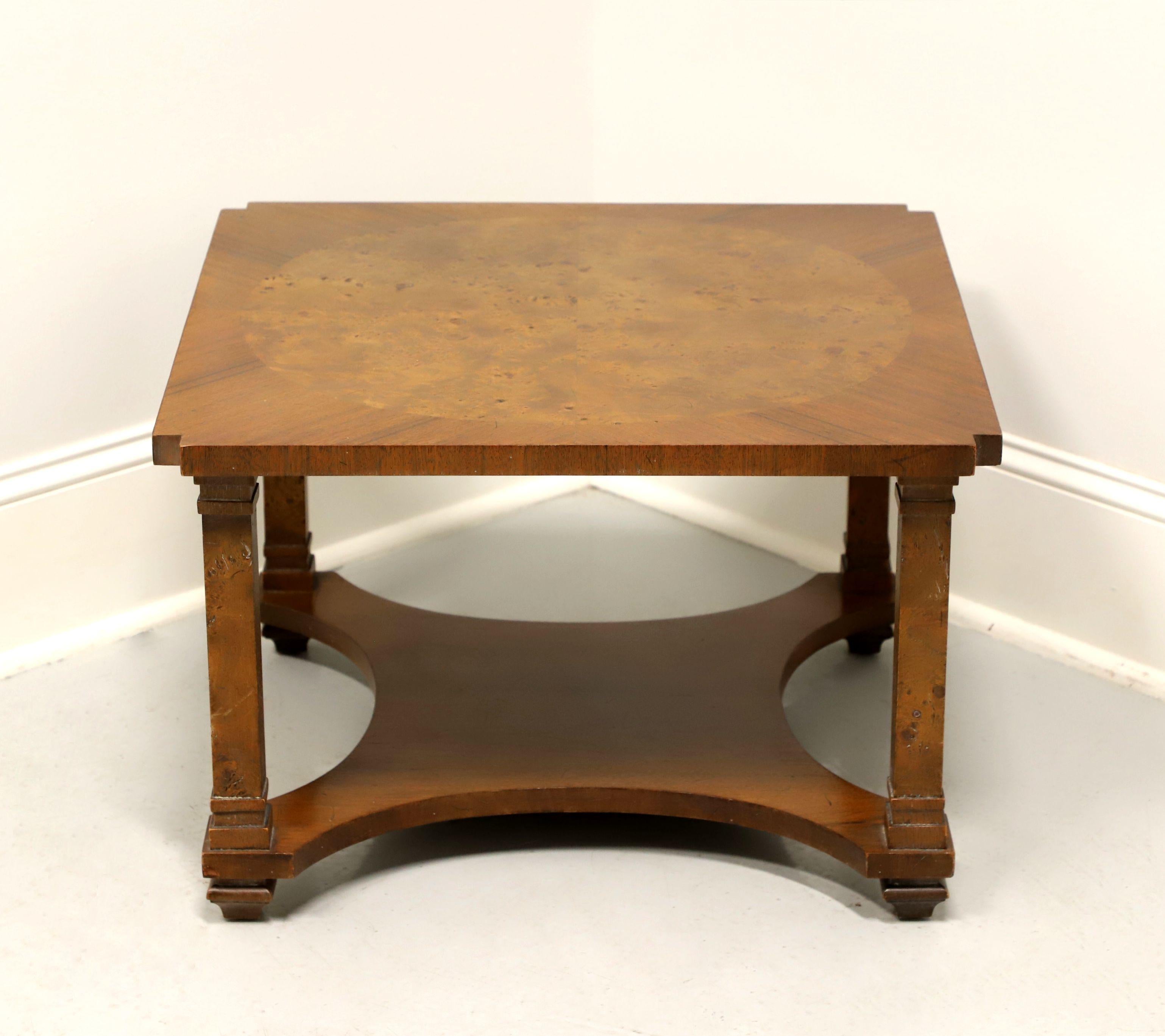TOMLINSON 1960's Walnut Neoclassical Square Cocktail Table with Undertier Shelf In Good Condition In Charlotte, NC