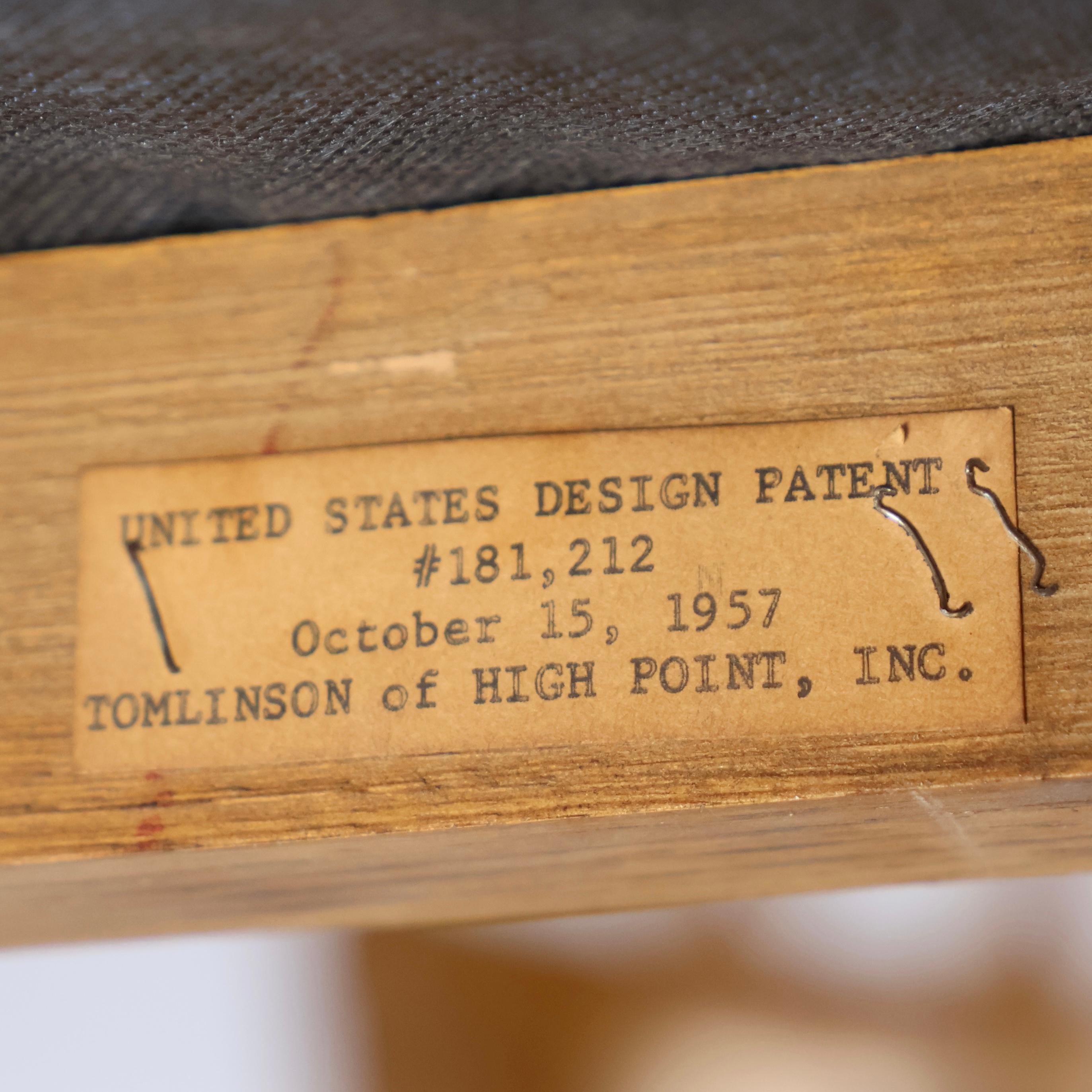 This exceptional set of six dining chairs by Tomlinson of High Point dates to the late 1950s and showcases the brand’s signature blend of refined craftsmanship and sculptural form. The set includes four armless side chairs and two armchairs, each