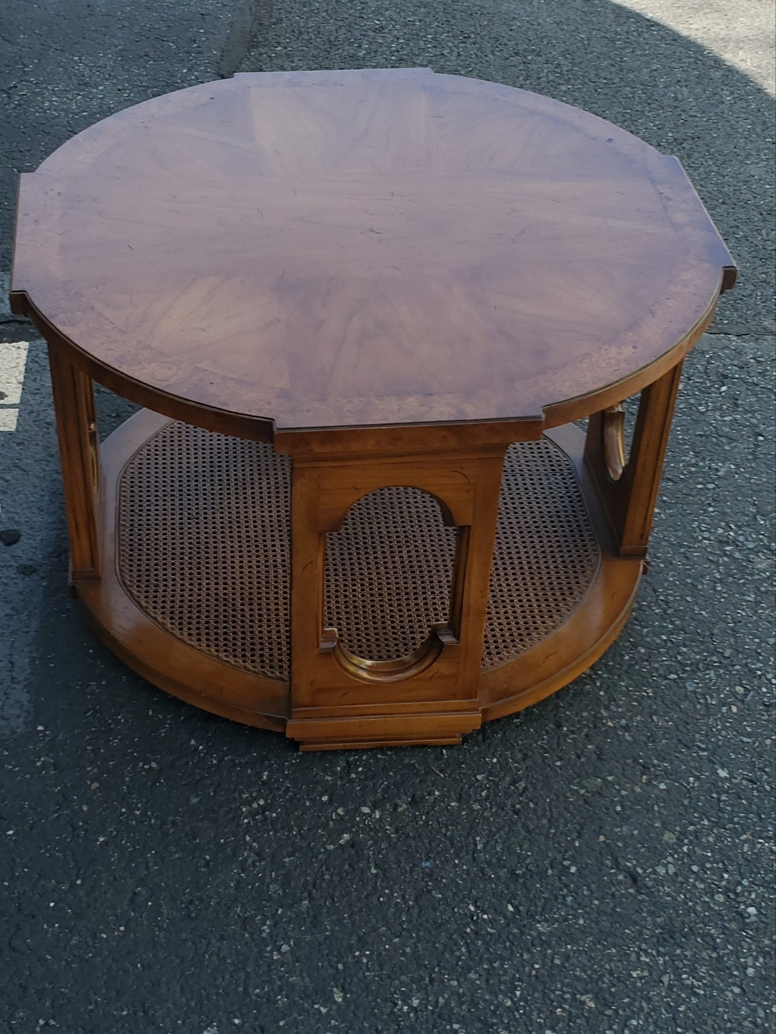 Mid-Century Modern Tomlinson Furniture Walnut, Burlwood And Caned Side Table For Sale