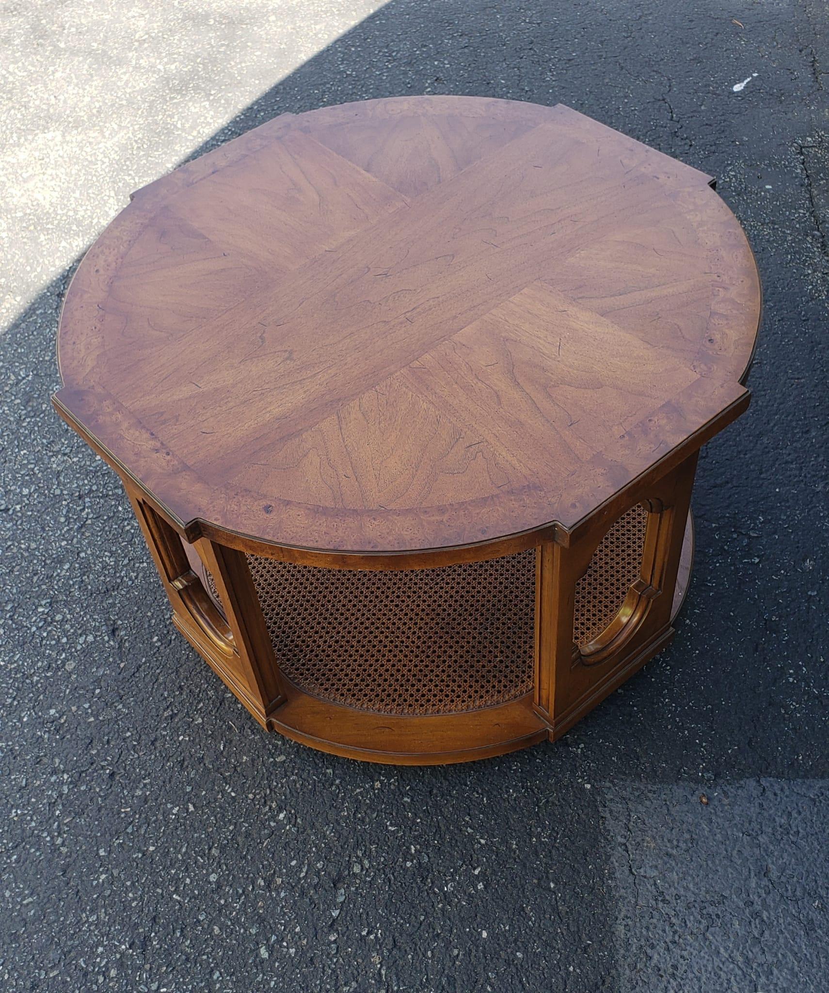 American Tomlinson Furniture Walnut, Burlwood And Caned Side Table For Sale