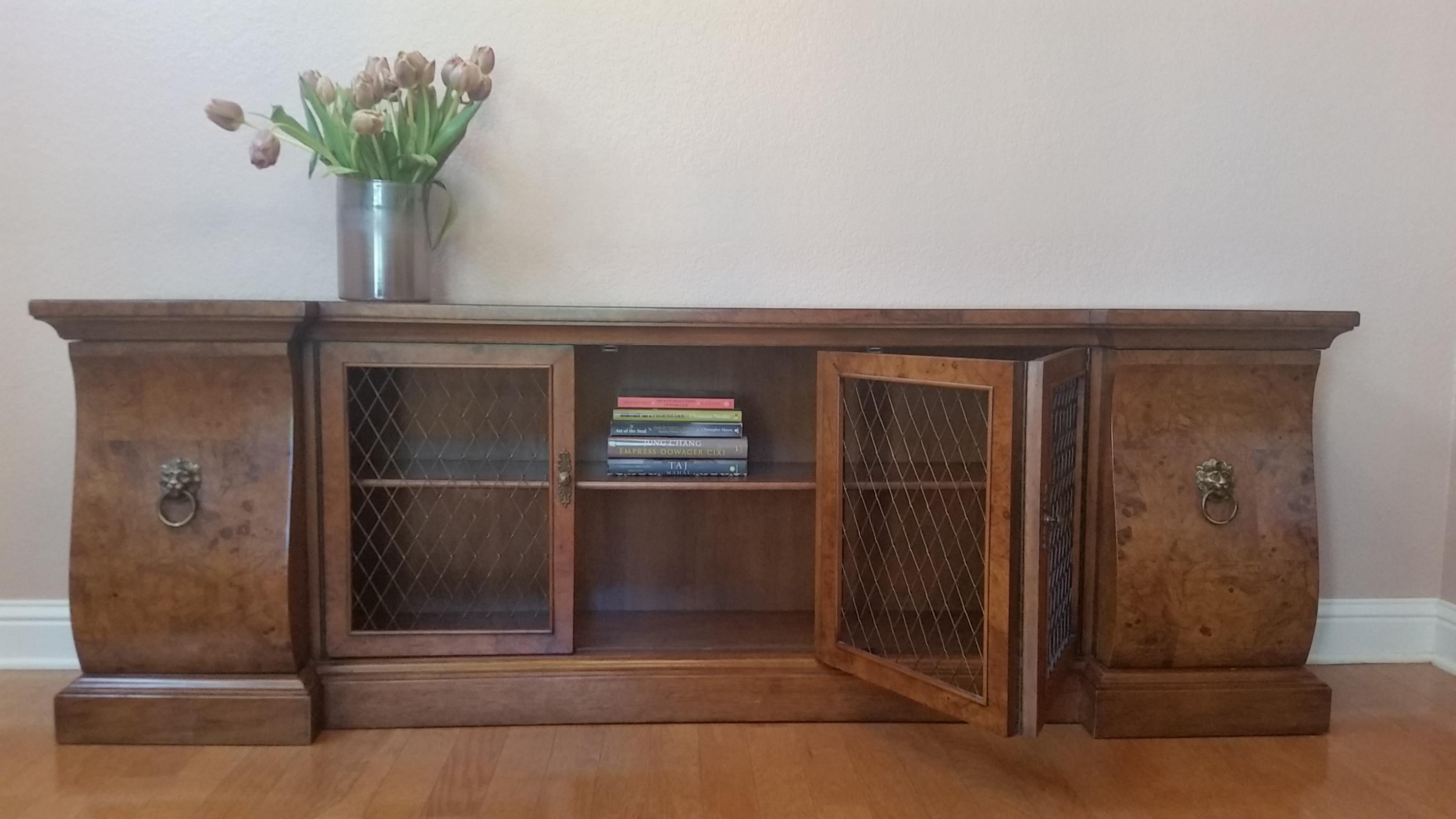 Tomlinson Mid-Century Long Burled Walnut Console / Bookcase with Brass Hardware For Sale 4