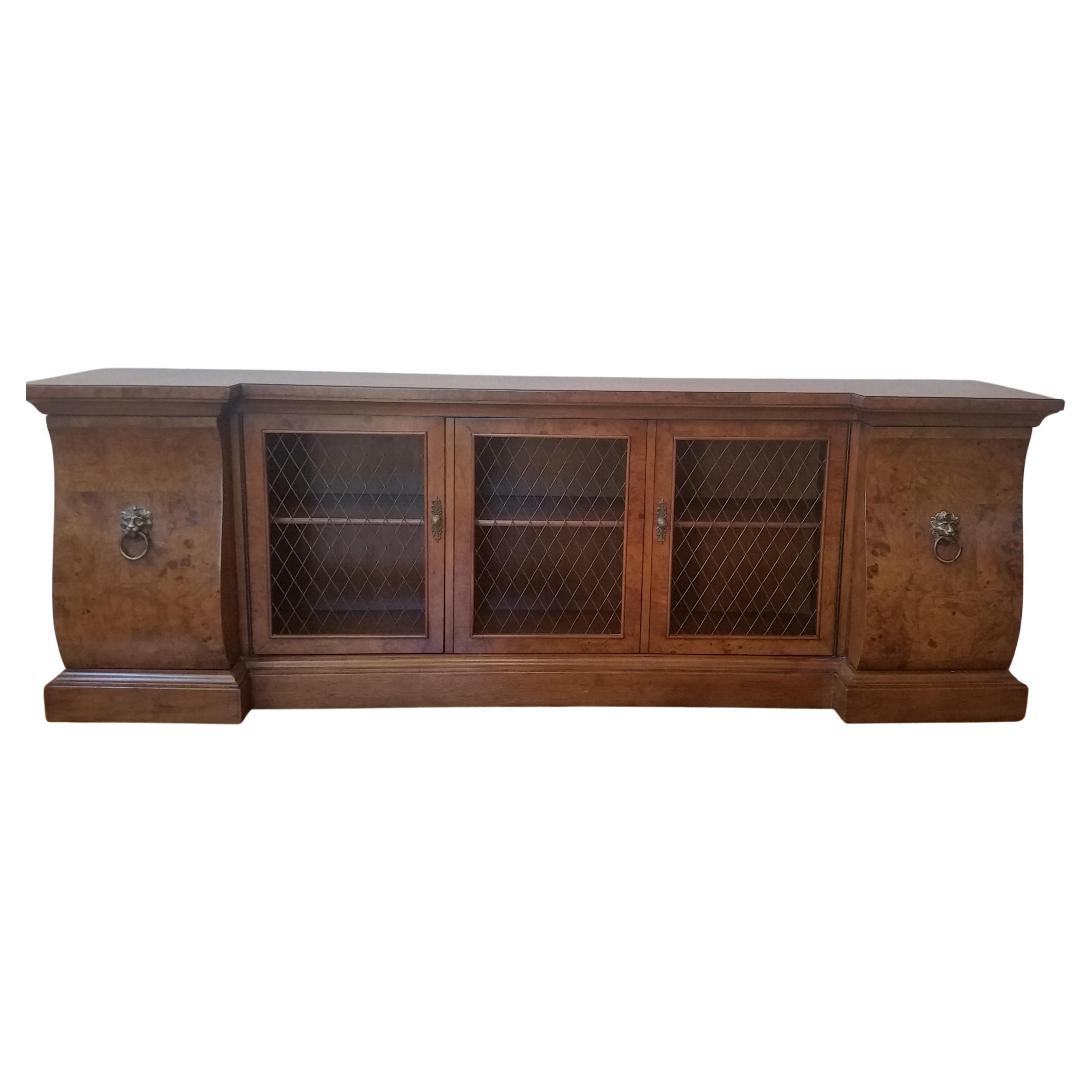 Tomlinson Mid-Century Long Burled Walnut Console / Bookcase with Brass Hardware For Sale