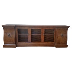 Tomlinson Mid-Century Long Burled Walnut Console / Bookcase with Brass Hardware