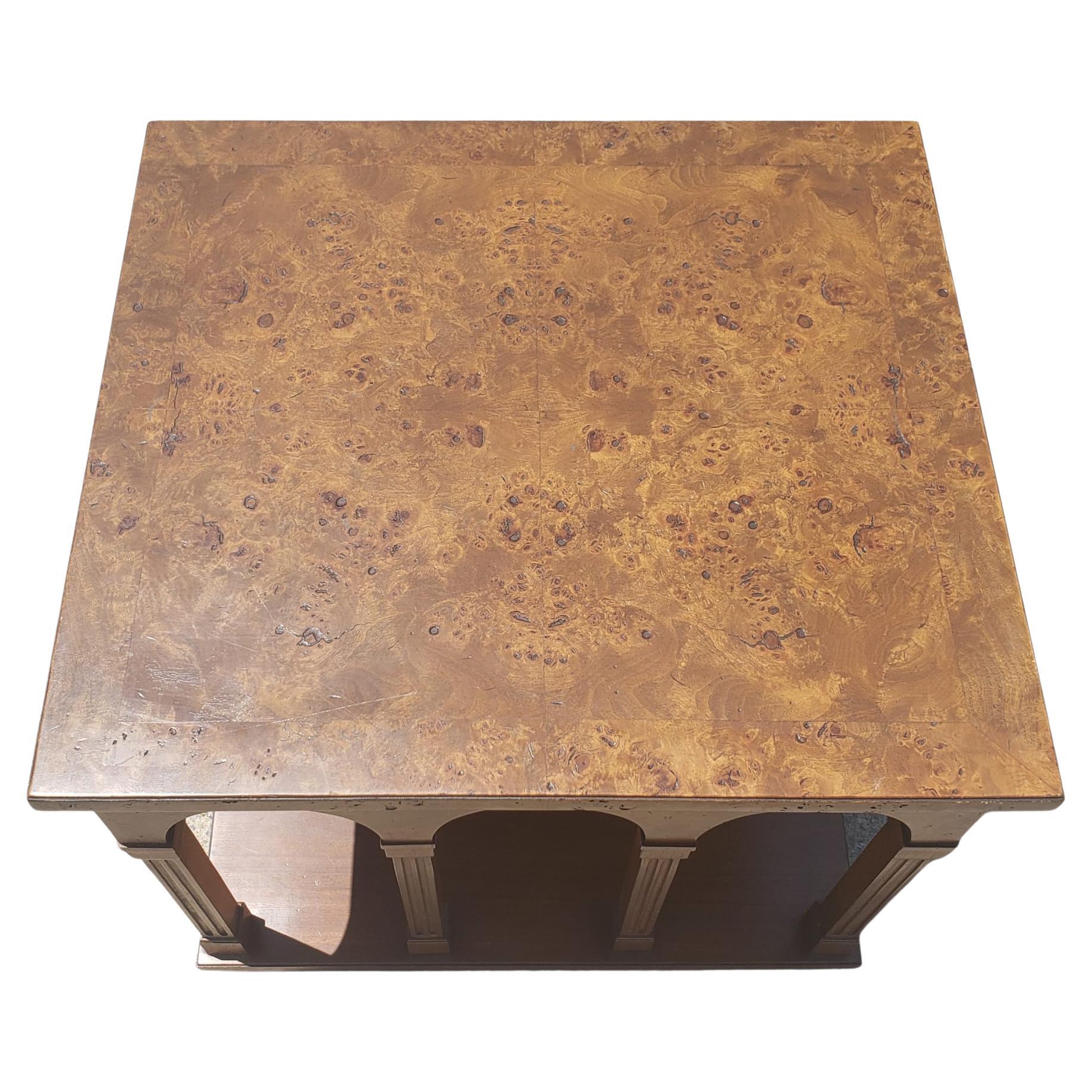 Tomlinson Mid-Century Modern burl walnut two tier tower side table in very good vintage condition. Table measures 22.5 inches in width, 22.5 inches in depth and stands 21 inches tall.