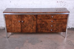 Tomlinson Mid-Century Modern Burl Wood and Chrome Sideboard Credenza, 1970s