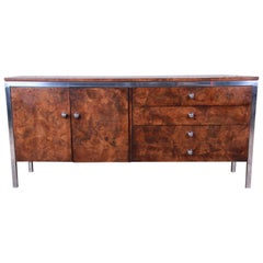 Tomlinson Mid-Century Modern Burl Wood and Chrome Sideboard Credenza, 1970s