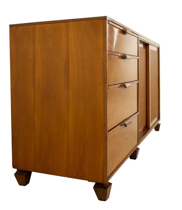American Tomlinson Mid Century Walnut Cane Front Sideboard Credenza For Sale