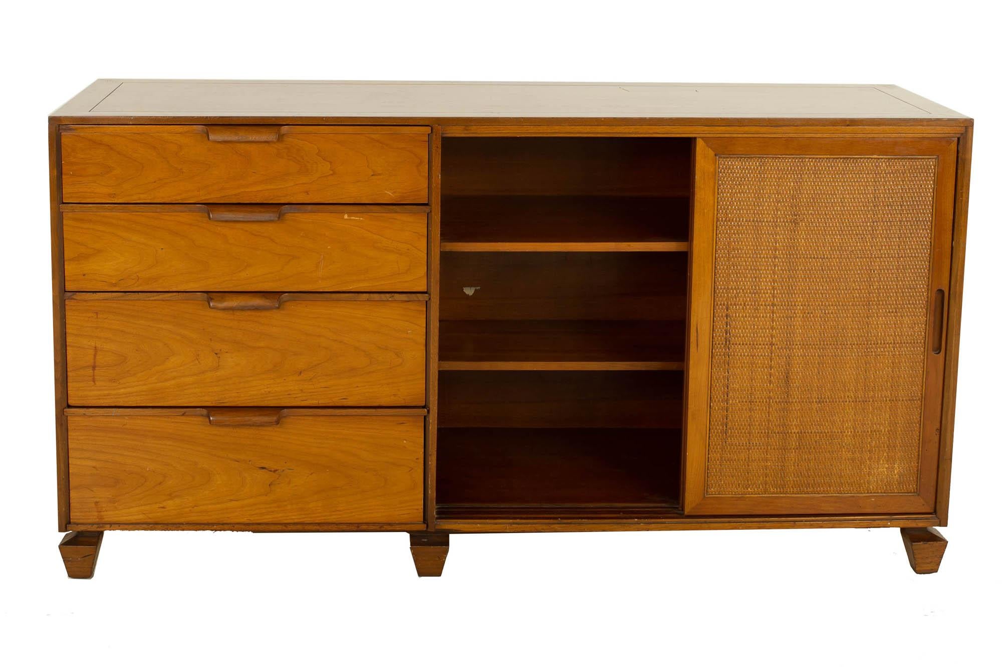 Late 20th Century Tomlinson Mid Century Walnut Cane Front Sideboard Credenza