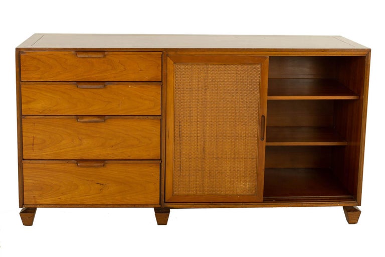 Tomlinson Mid Century Walnut Cane Front Sideboard Credenza For Sale 1