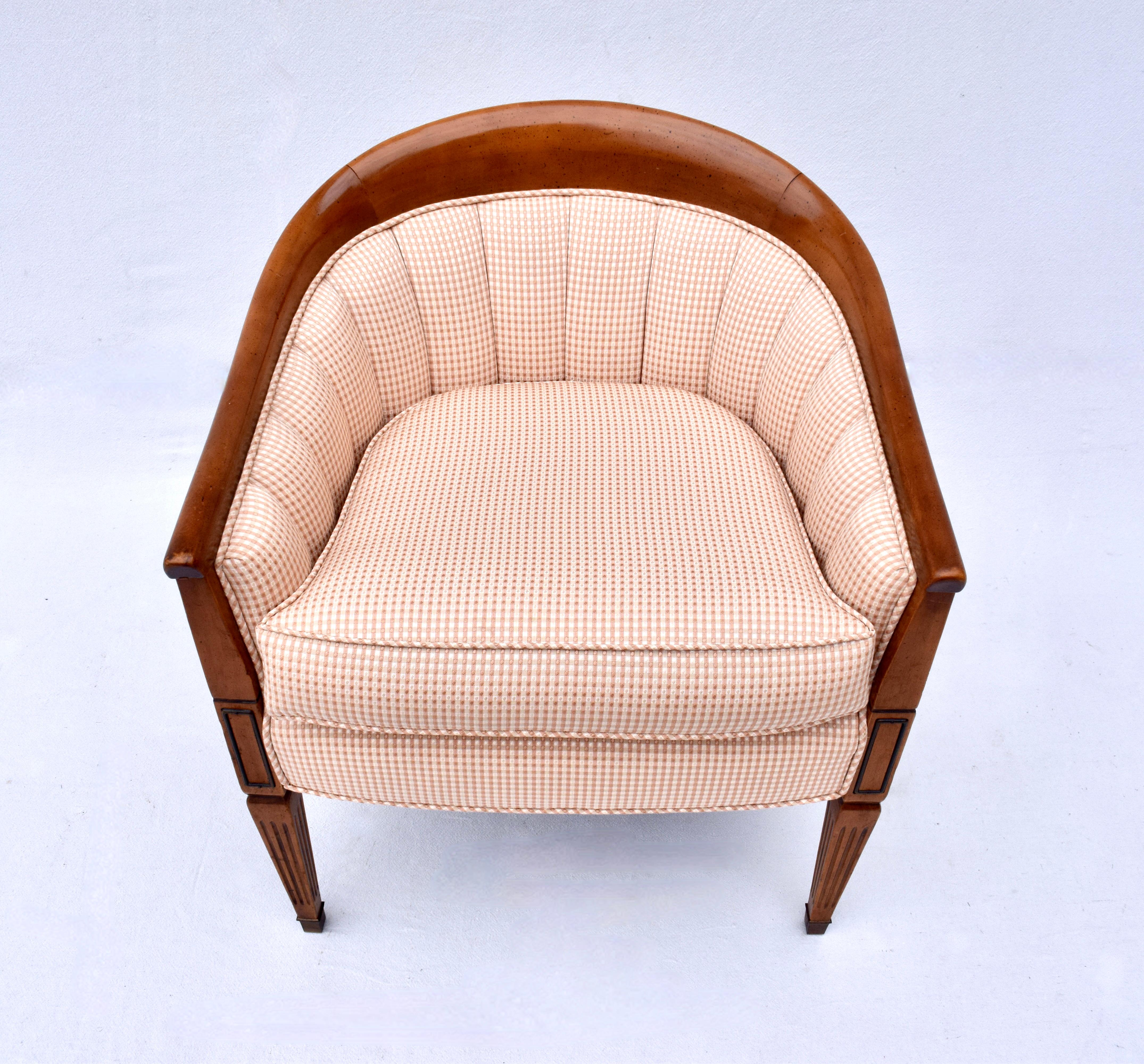 Extremely comfortable small scale curved walnut channel back barrel chair by Tomlinson Furniture Co. Charming windowpane upholstery is in nearly new condition with no signs of wear. Circa: 1960's; seat: 20.5