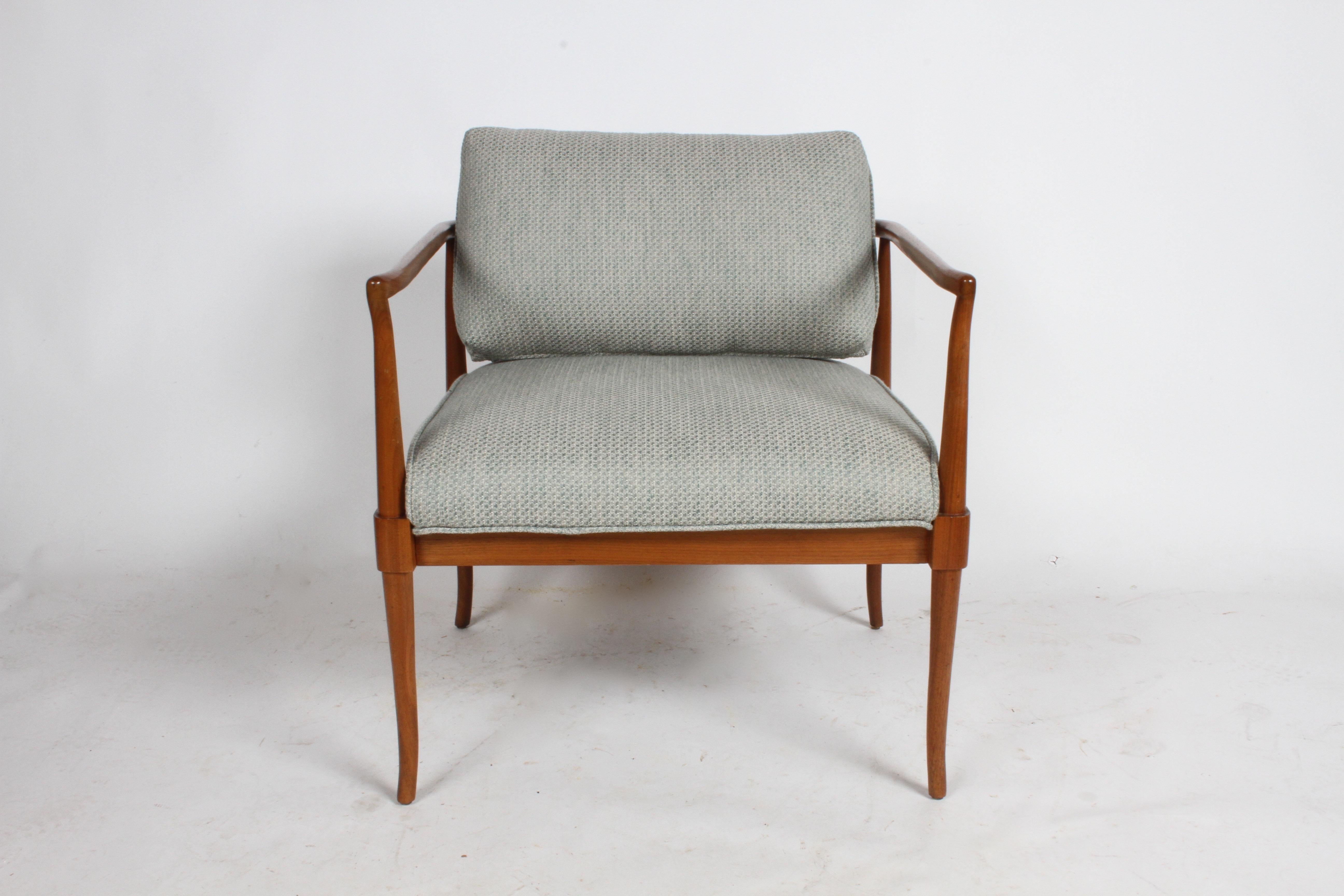 Mid-Century Modern Gerry Zanck for Gergori sculpted walnut frame lounge chair. Restored original finished, re-glued frame with new foam and upholstery. This lounge chair has styling of another mid-century designer T.H. Robsjohn-Gibbings for