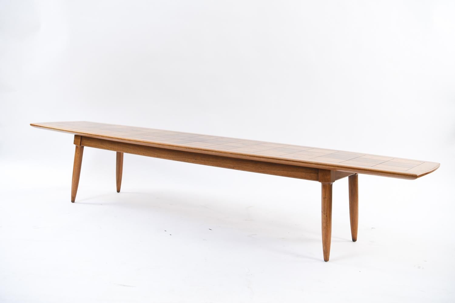 Midcentury surfboard style parquet top and oak frame coffee table by Tomlinson.