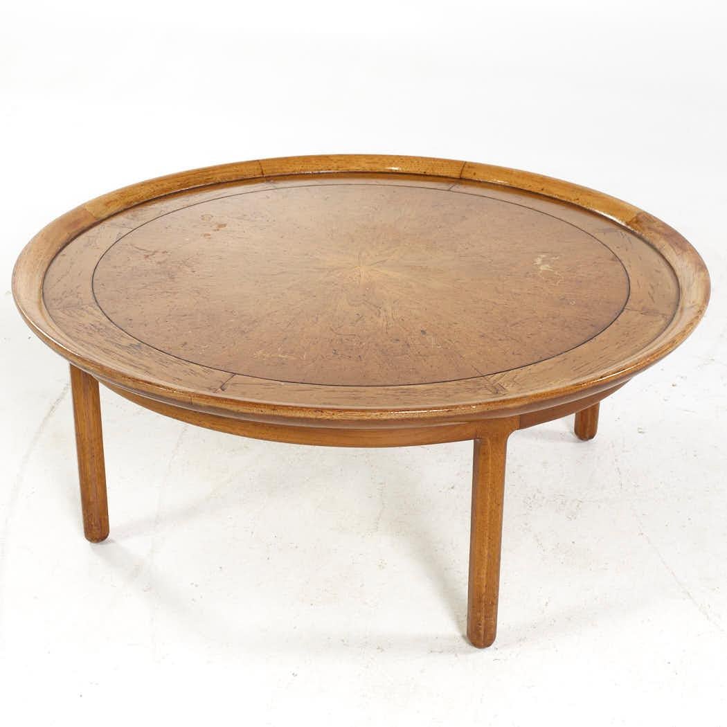 American Tomlinson Sophisticate MCM Walnut and Burlwood 40 Inch Round Coffee Table For Sale