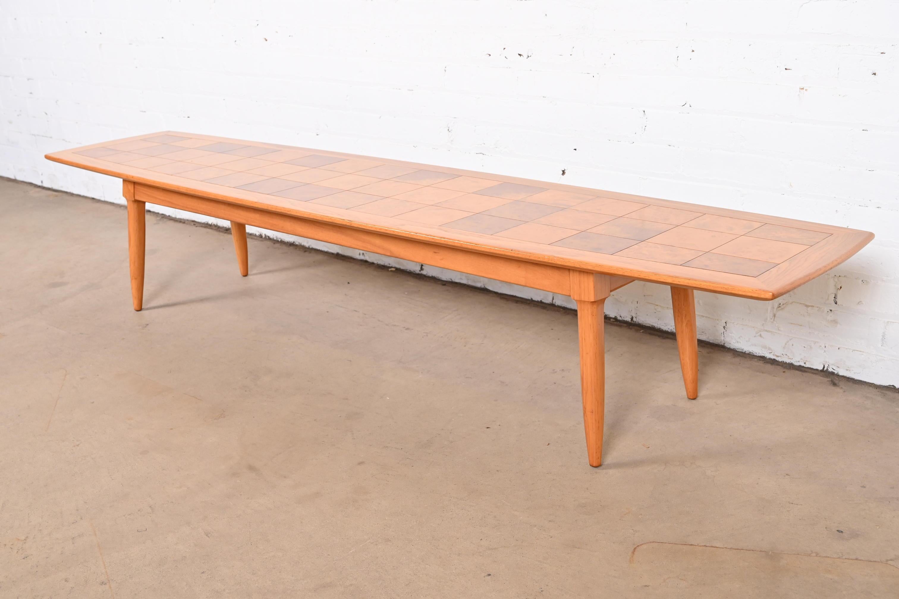 Mid-Century Modern Tomlinson Sophisticate Patchwork Burl Wood Extra Long Surfboard Coffee Table For Sale