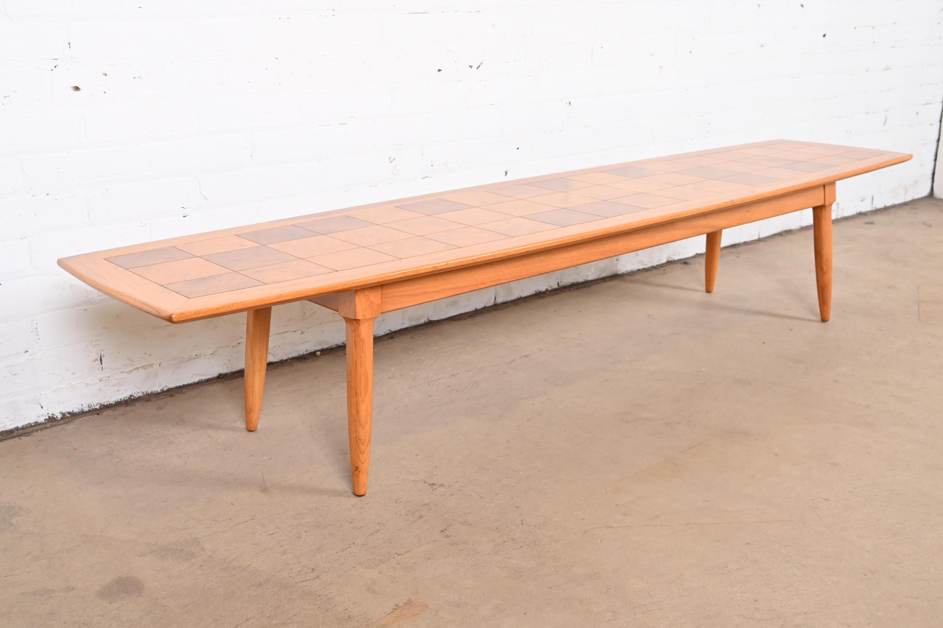 American Tomlinson Sophisticate Patchwork Burl Wood Extra Long Surfboard Coffee Table For Sale