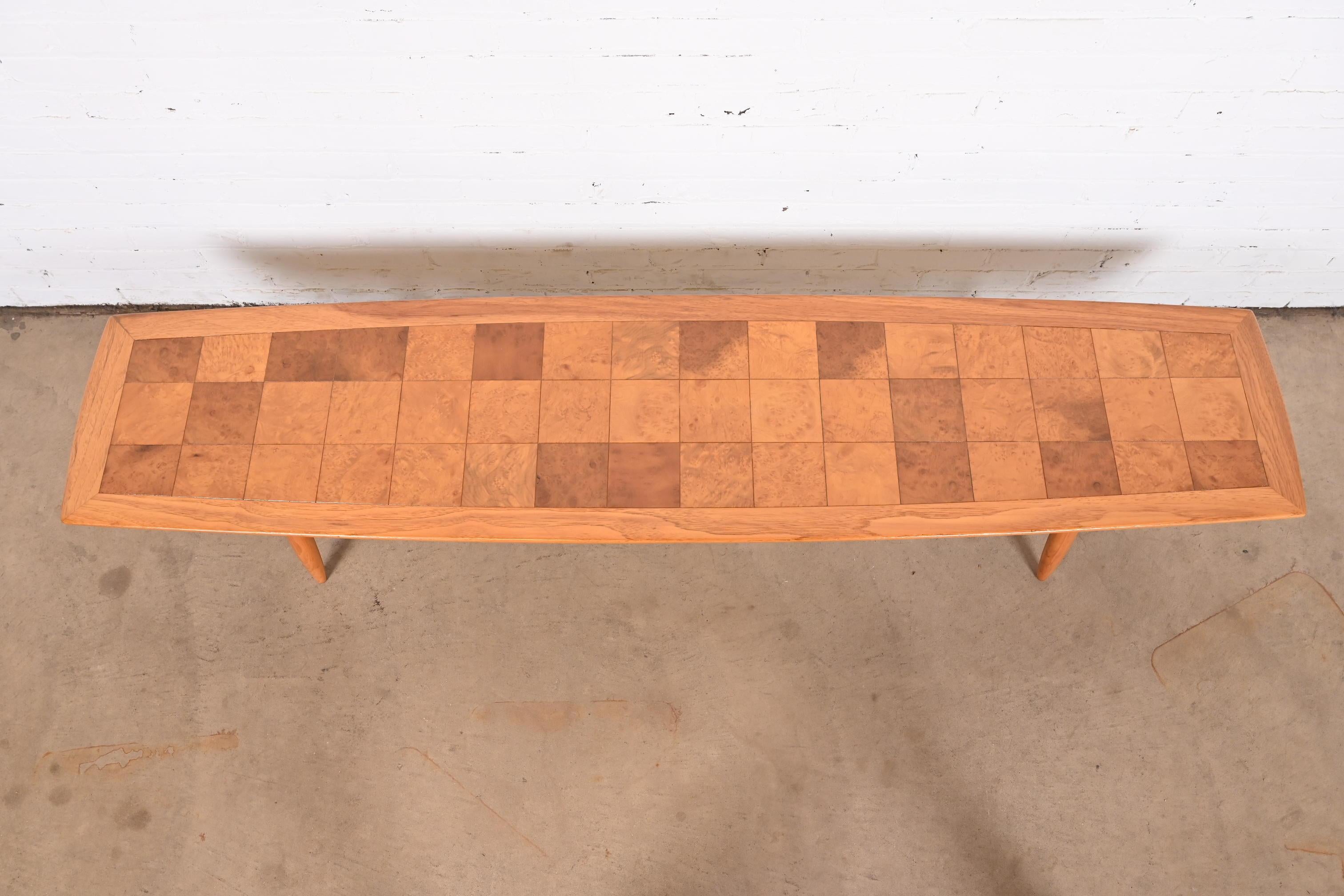 Mid-20th Century Tomlinson Sophisticate Patchwork Burl Wood Extra Long Surfboard Coffee Table For Sale
