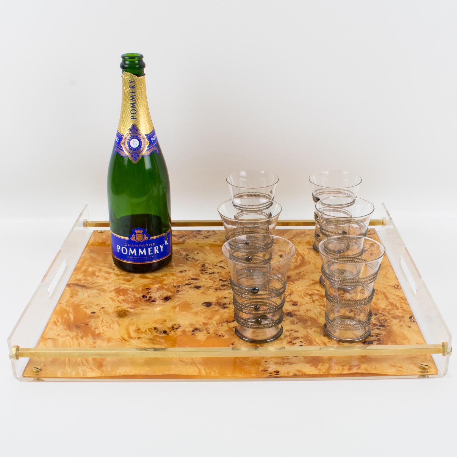 Mid-Century Modern Tommas Barbi Lucite and Burl Wood Barware Tray, 1970s