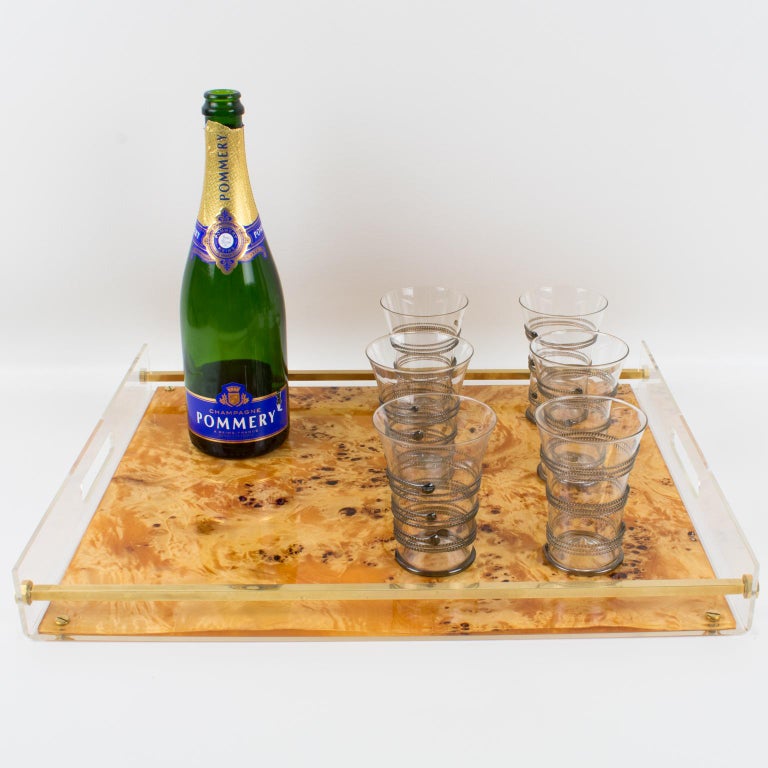 Italian Tommas Barbi Lucite and Burl Wood Barware Tray, 1970s For Sale