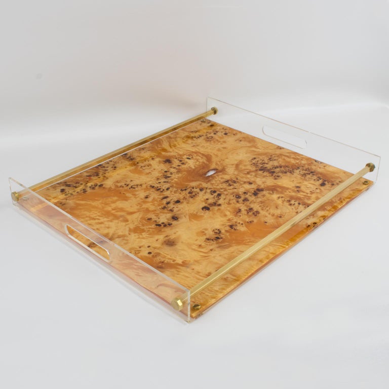 Tommas Barbi Lucite and Burl Wood Barware Tray, 1970s In Excellent Condition For Sale In Atlanta, GA